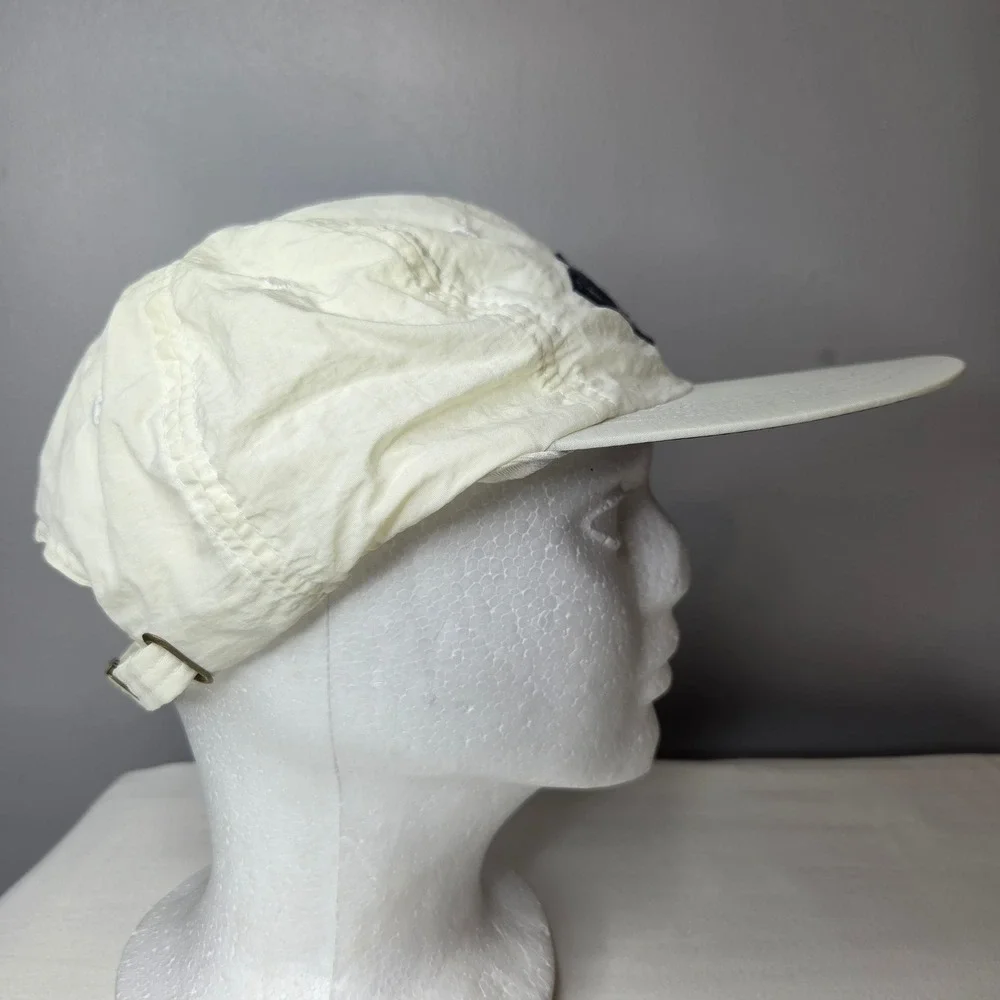 Vintage Polo Ralph Lauren Nylon Strapback Hat Cream Navy Blue 90s Made in Taiwan